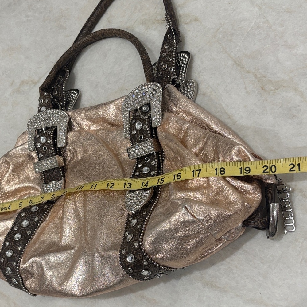 โจCharm & Luck Shiny Pink Leather Handbag with Rhinestone BucklesโGenuine Leather - Picture 10 of 11